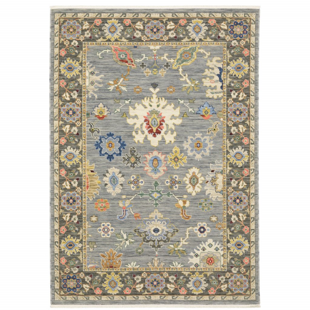 8' X 11' Blue Grey Gold Green Pink Orange Ivory And Red Oriental Power Loom Stain Resistant Area Rug With Fringe - Image 2