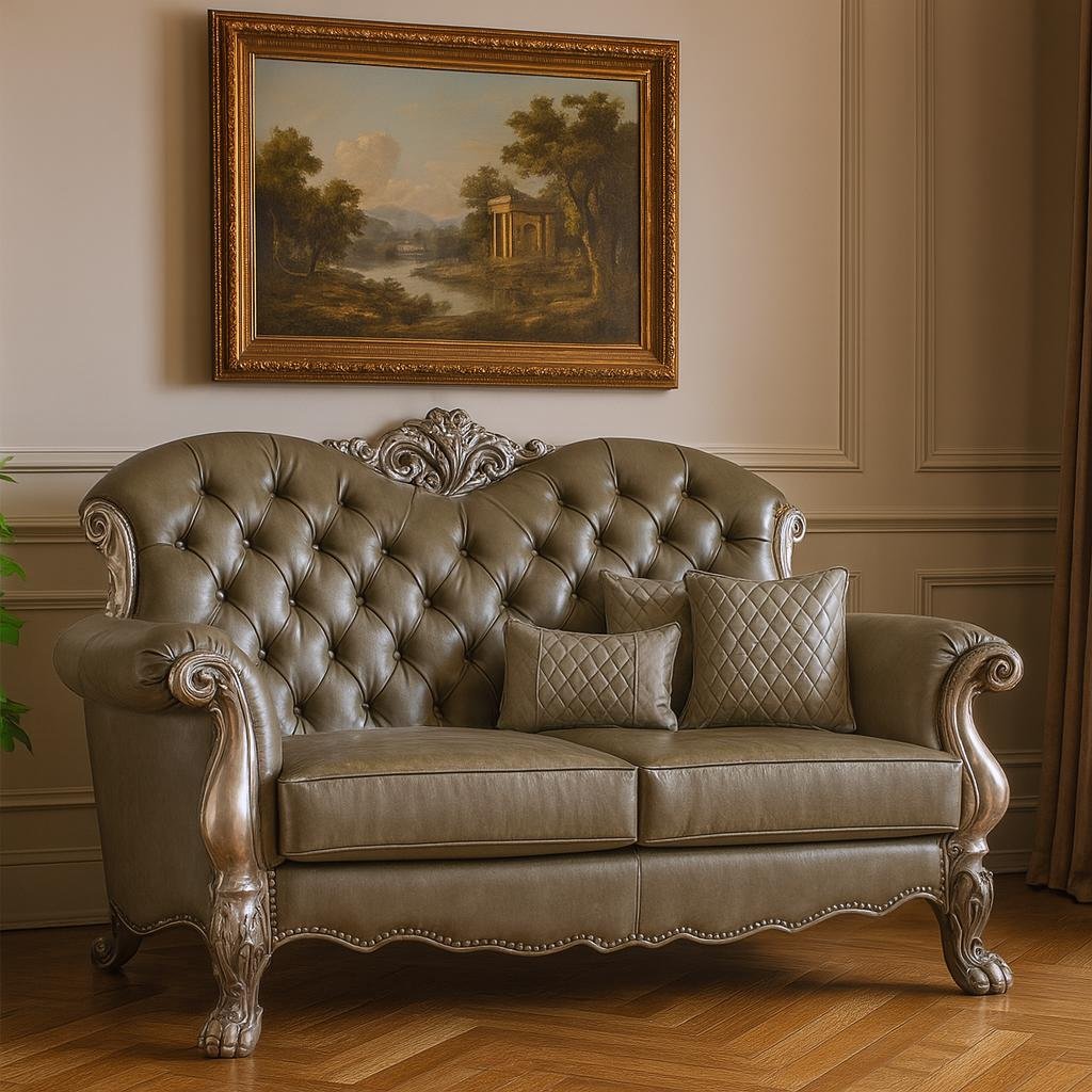 71" Bone Faux Leather Loveseat and Toss Pillows