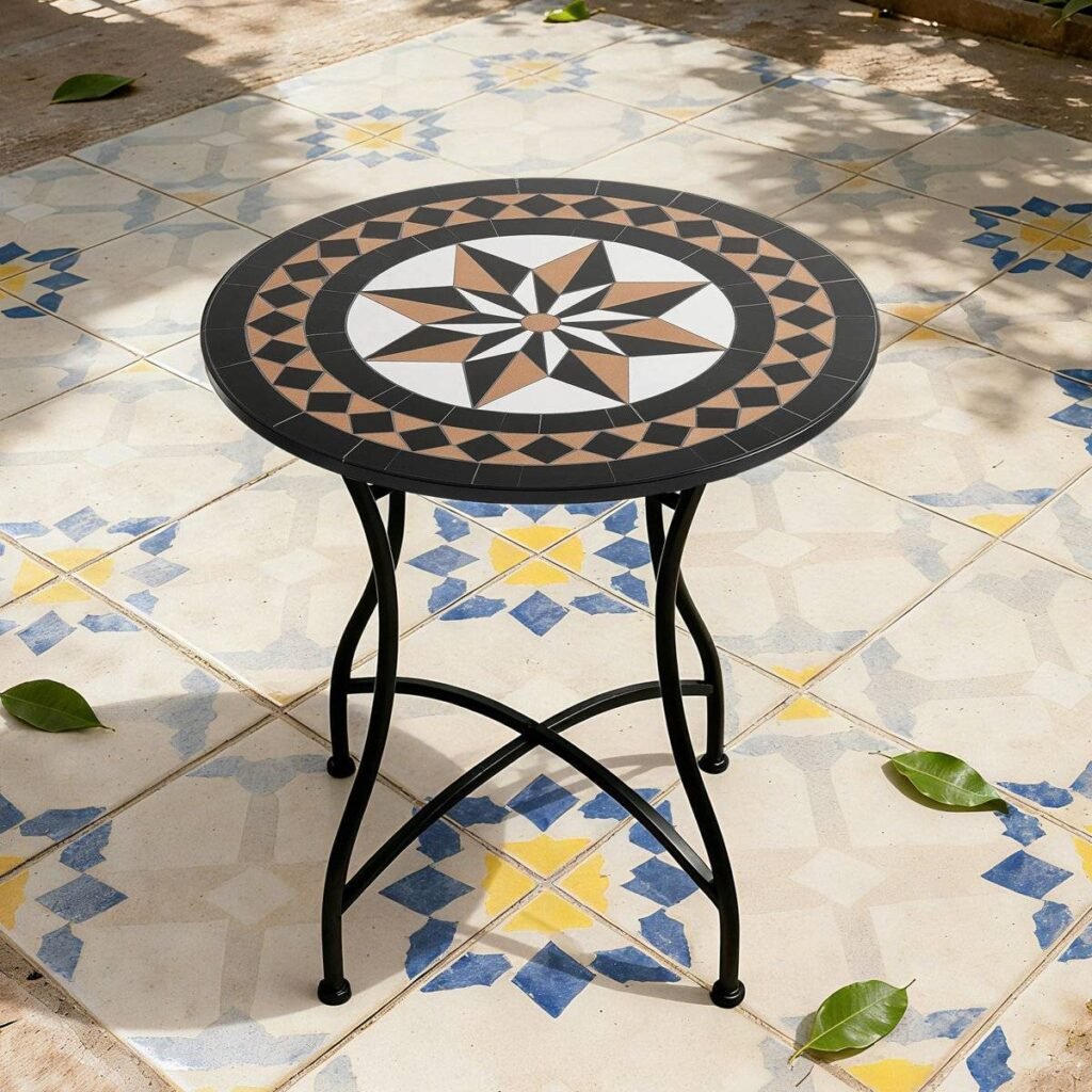 Round 24-inch Black Tan Mosaic Tile Star Pattern Bistro Table with Metal Legs