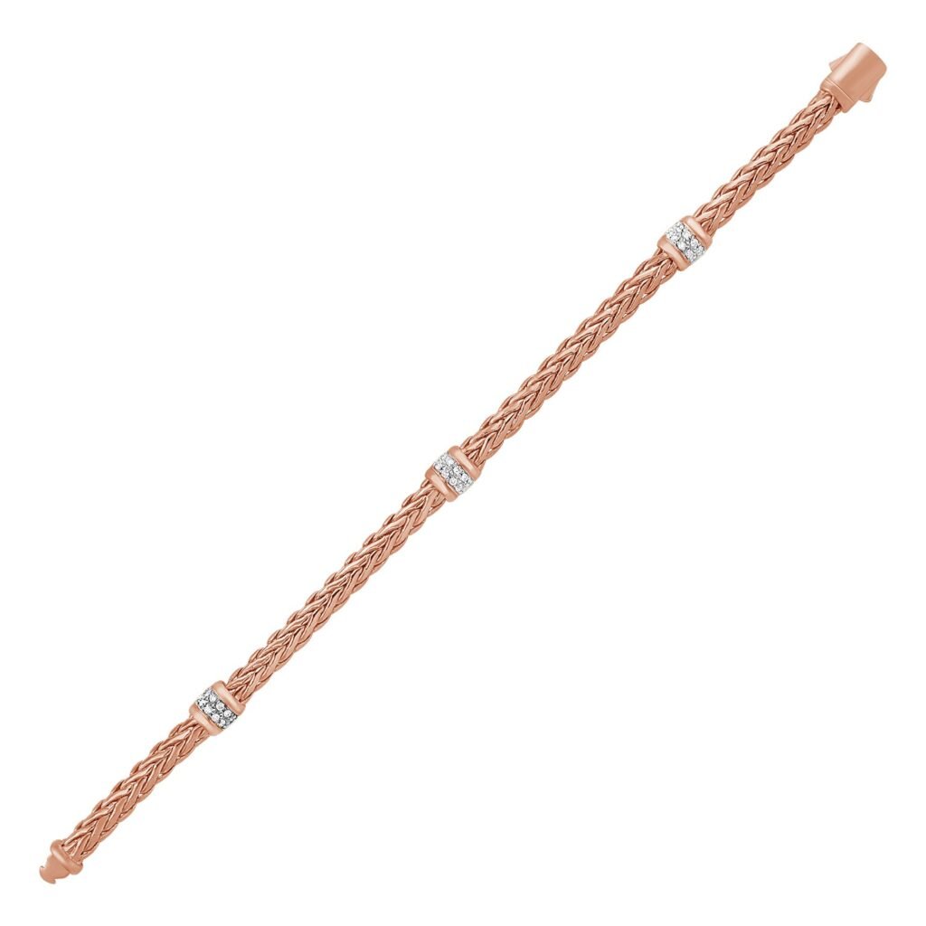Polished Woven Rope Bracelet with Diamond Accents in 14k Rose Gold