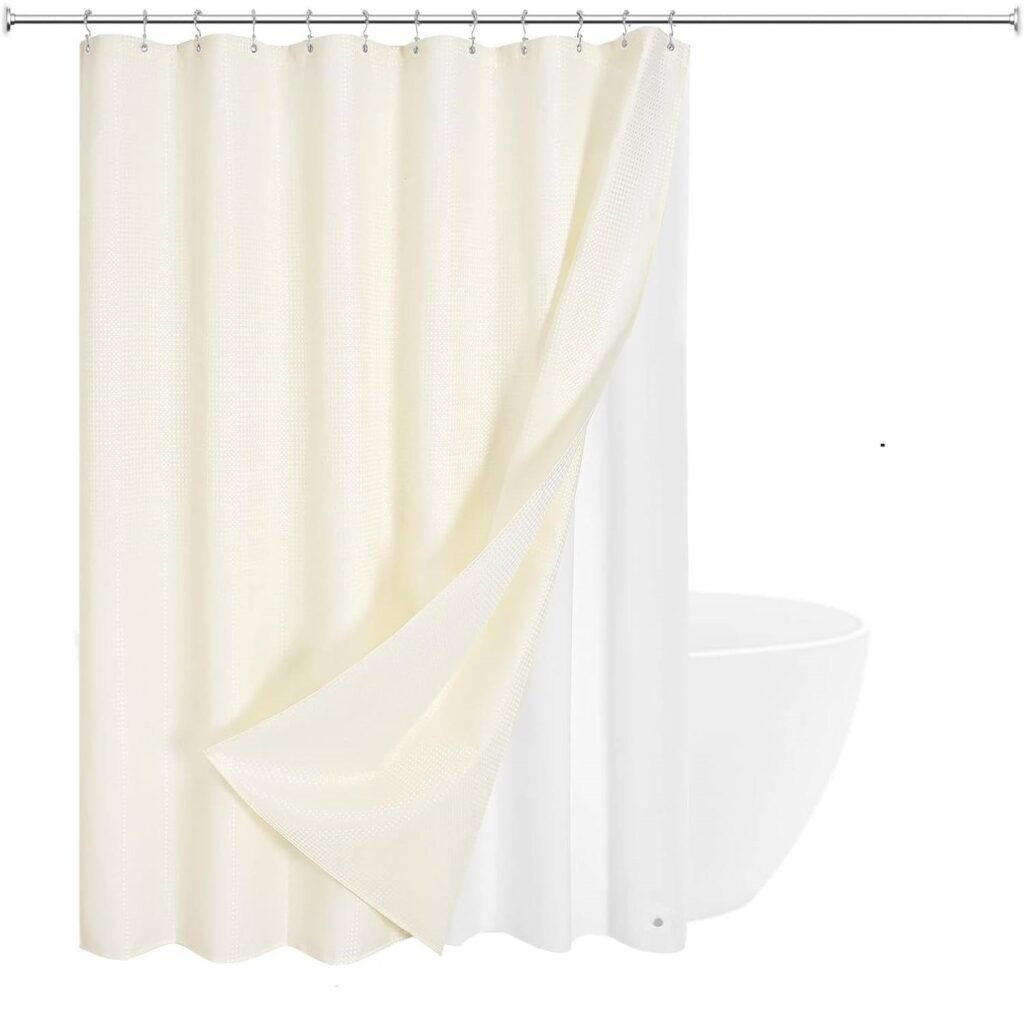 72"W x 72"H Ivory Waffle Textured Shower Curtain Set with Liner