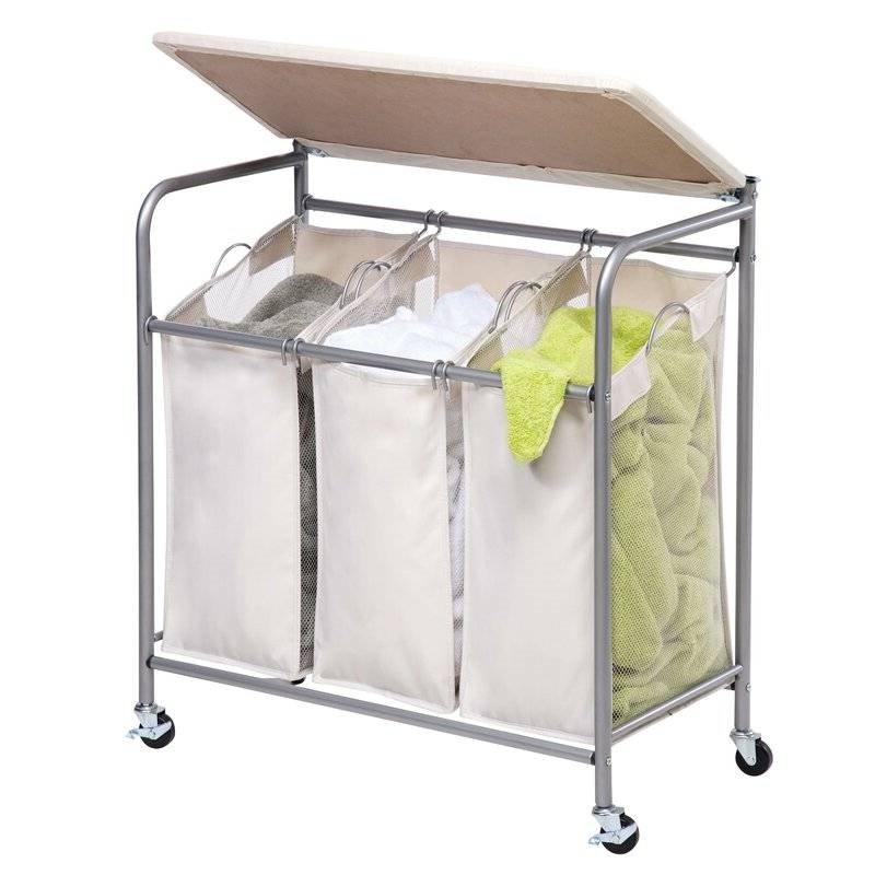 3 Section Wheeled Laundry Sorter Cart with Lift Top Folding Ironing Board