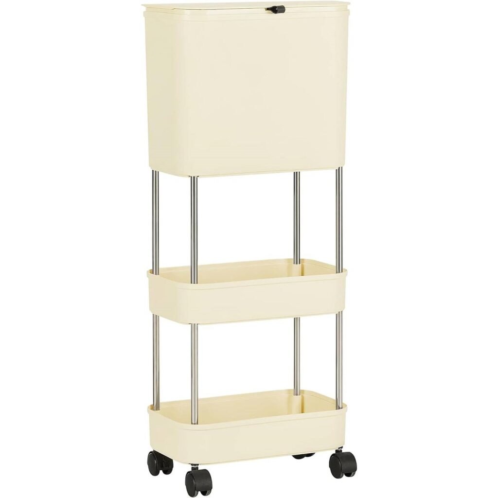 5 Gallon Mobile Elevated Kitchen Trash Can with Lid in Cream with Wheels