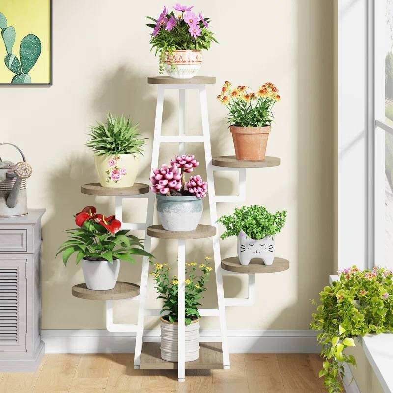 Modern Industrial Indoor Multi-Tier Plant Stand with White Metal Frame