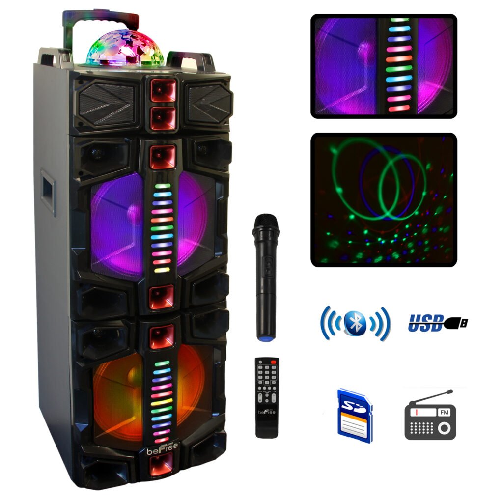 beFree Sound Dual 12 Inch Subwoofer Portable Bluetooth Party Speaker with LED Lights, USB/ SD Input, Rechargeable Battery, Remote Control and Wireless Microphone