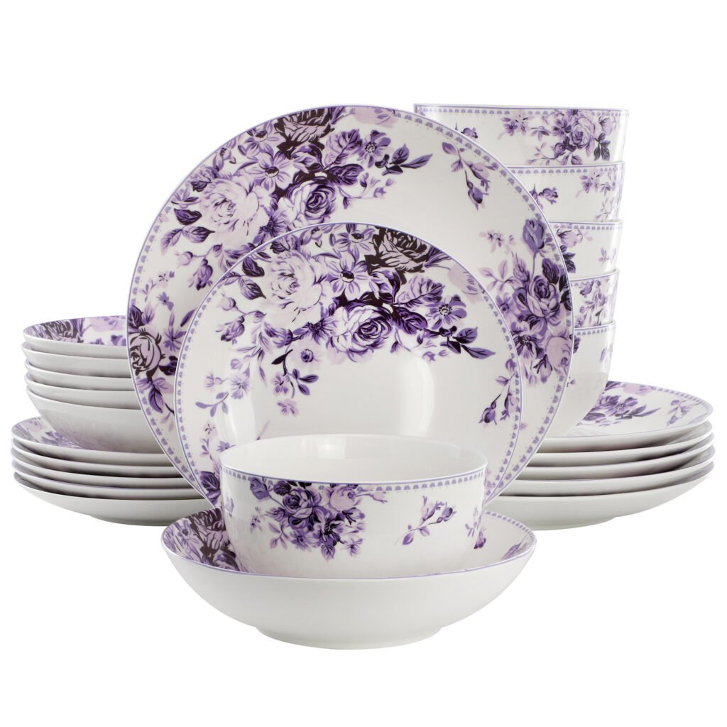 Elama Traditional Purple Rose 24 Piece Porcelain Double Bowl Dinnerware Set