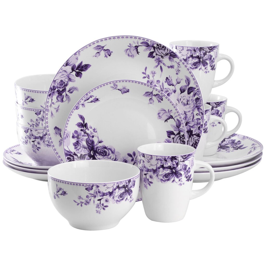 Elama Traditional Purple Rose 16 Piece Stoneware Dinnerware Set
