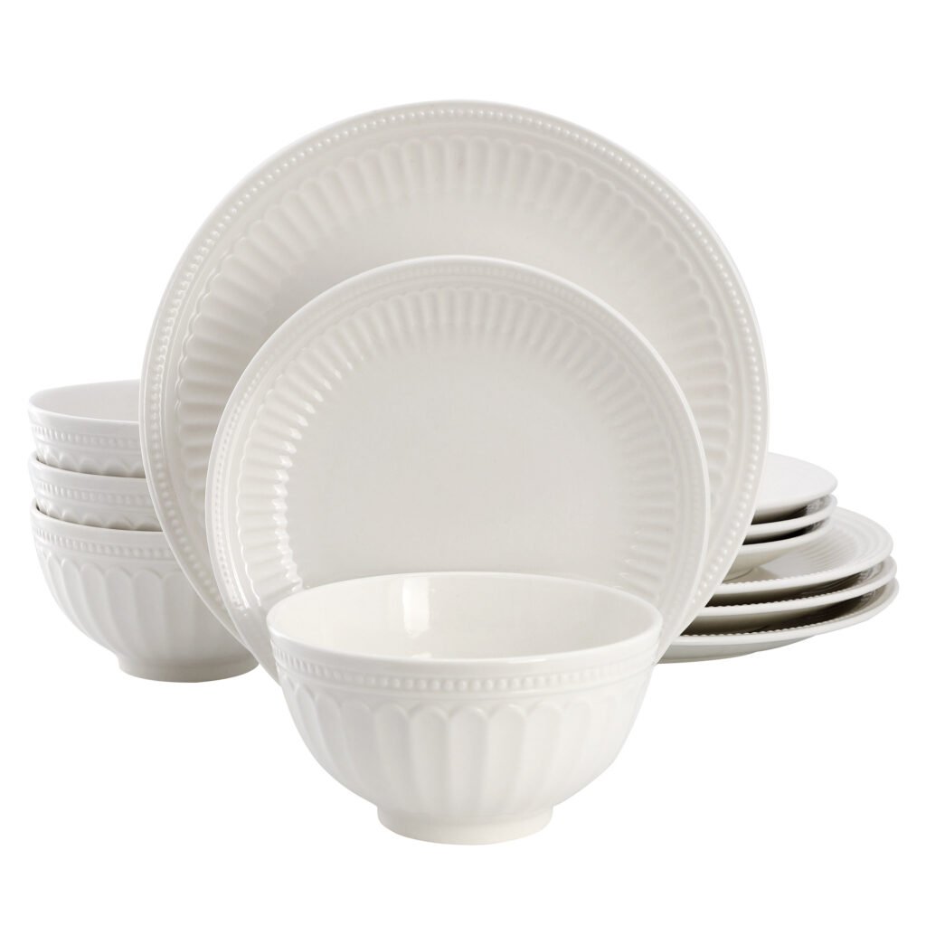 Elama Gabriella 12 Piece Embossed Arch Stoneware Dinnerware Set in White