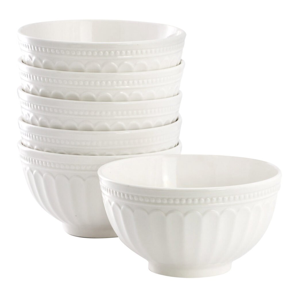 Elama Hansel 6 Piece Embossed Arch Stoneware Cereal Bowl Set in White