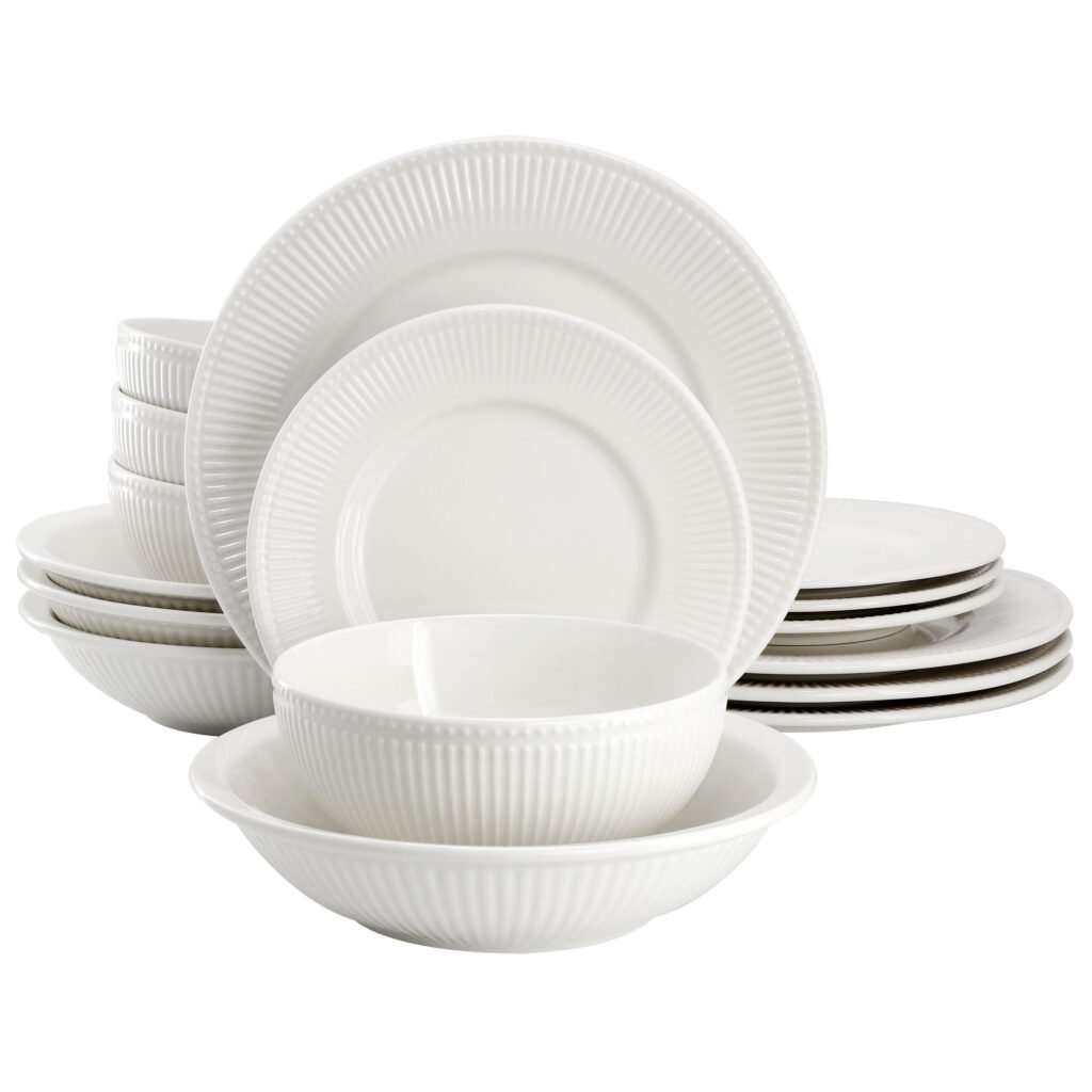 Elama Kate 16 Piece Textured Trim Double Bowl Porcelain Dinnerware Set in White