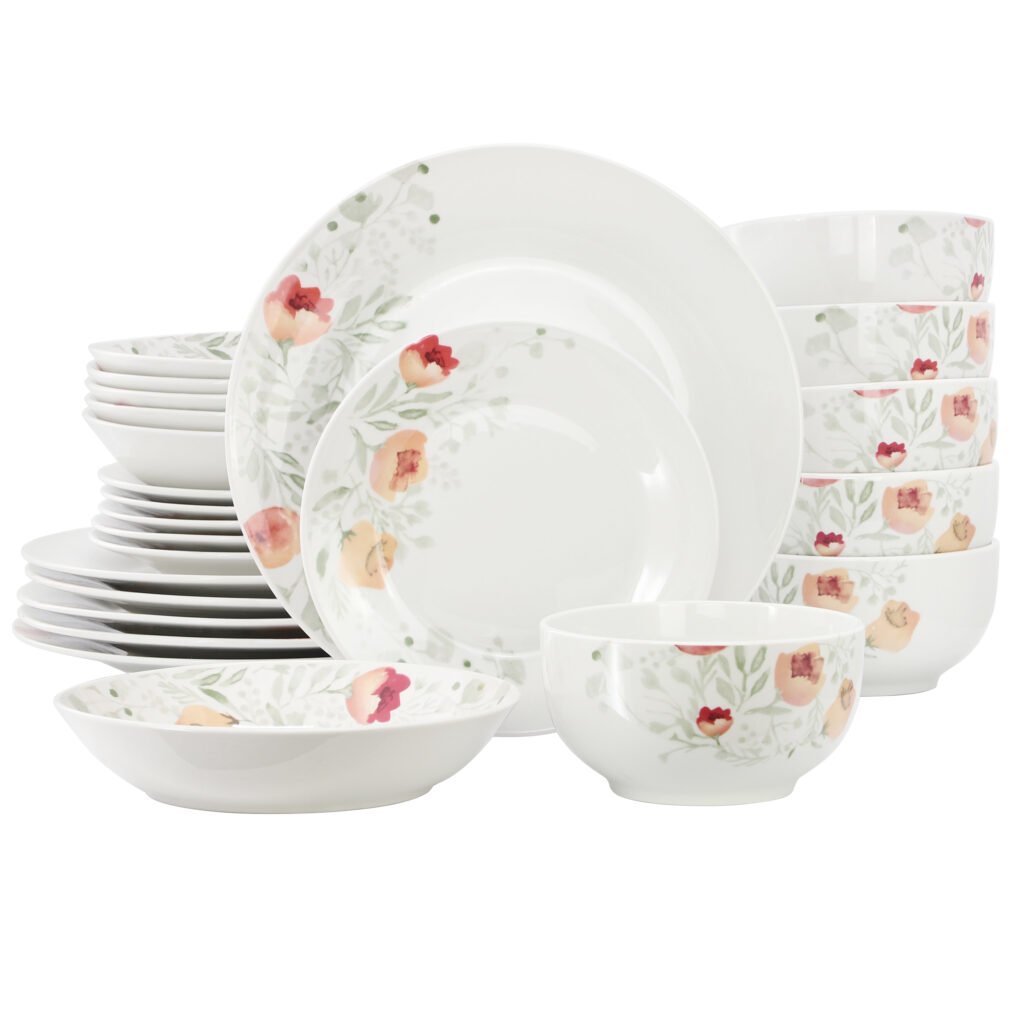 Elama Poppy 24 Piece Porcelain Double Bowl Dinnerware Set, Service for 6