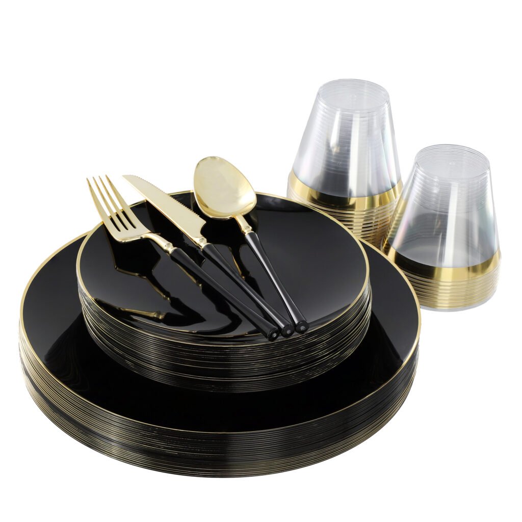 Elama 150 Piece Disposable Plastic Dinnerware Party Set for 25 Guests in Black with Gold Trim