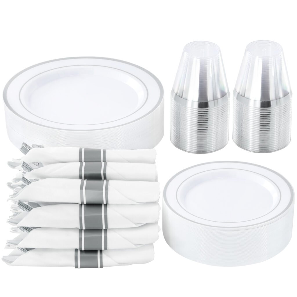 Elama 350 Piece Disposable Plastic Dinnerware Party Set for 50 Guests in White with Silver Trim
