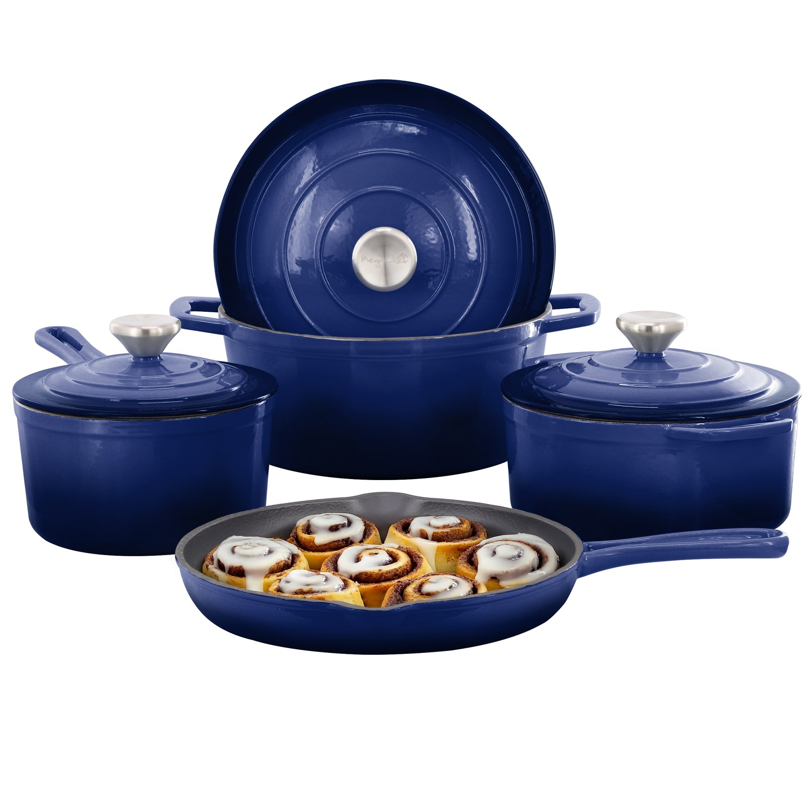 MegaChef 7 Piece Enameled Cast Iron Cookware Set in Blue