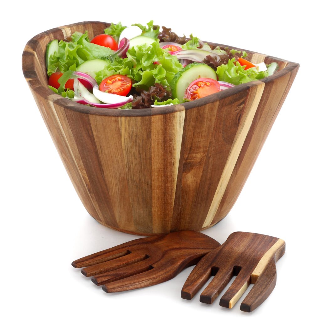 MegaChef Large Acacia Wood Salad Bowl with Serving Utensils