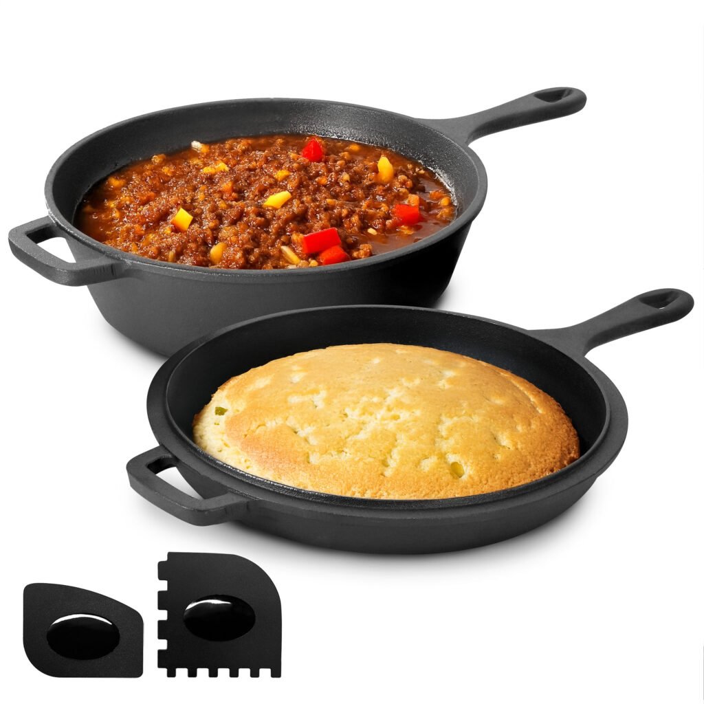 MegaChef 10.5 Inch 2-in-1 Pre-Seasoned Cast Iron Skillet and Fry Pan Set