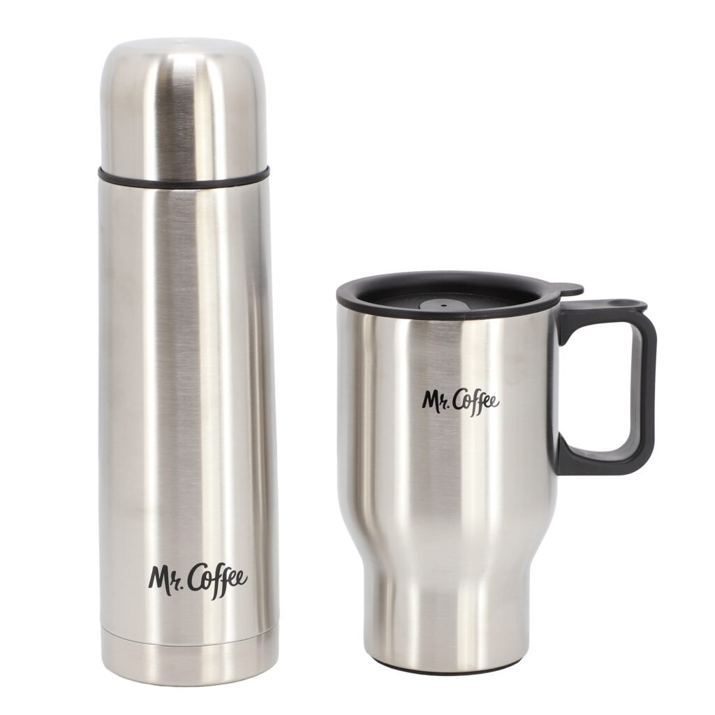 Mr. Coffee Javelin 2 Piece Thermal Bottle and Travel Mug Set in Silver