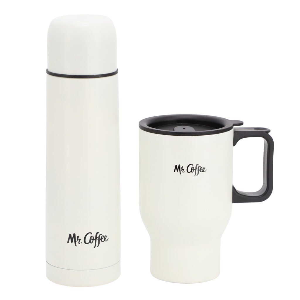 Mr. Coffee Javelin 2 Piece Thermal Bottle and Travel Mug Set in White
